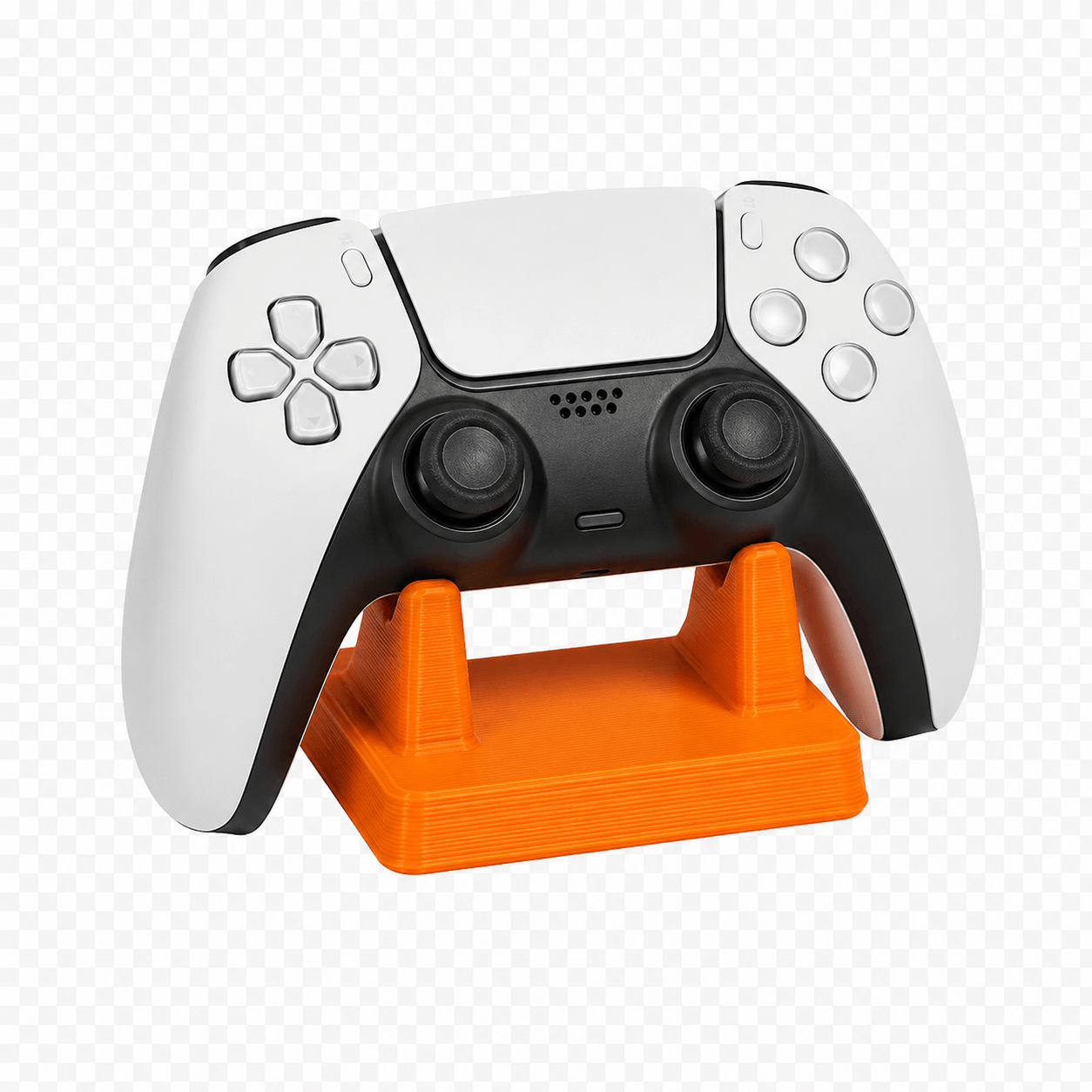 Orange 3D printed stand holding a PS5 DualSense controller