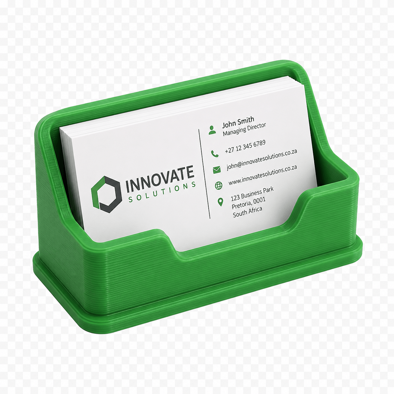 Green 3D printed business card holder with sample cards