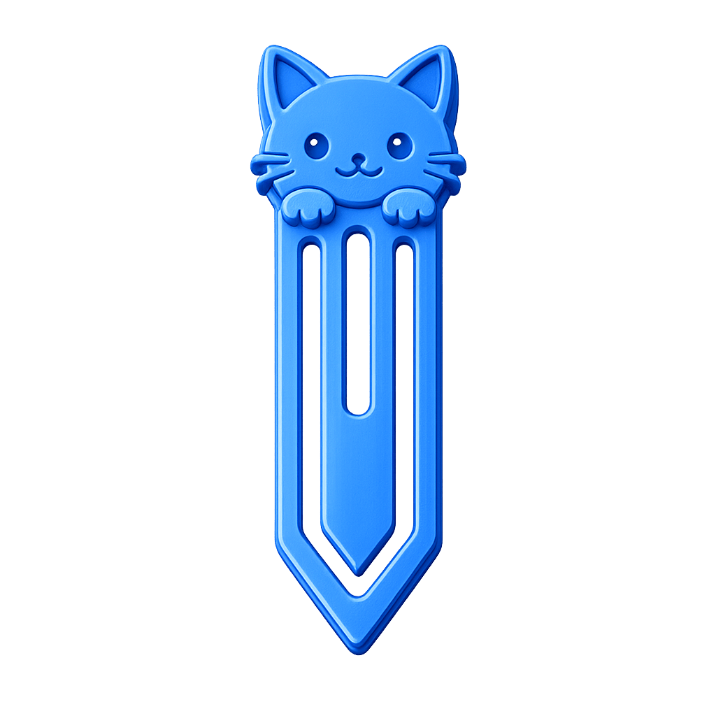Blue 3D printed cat-shaped bookmark clip