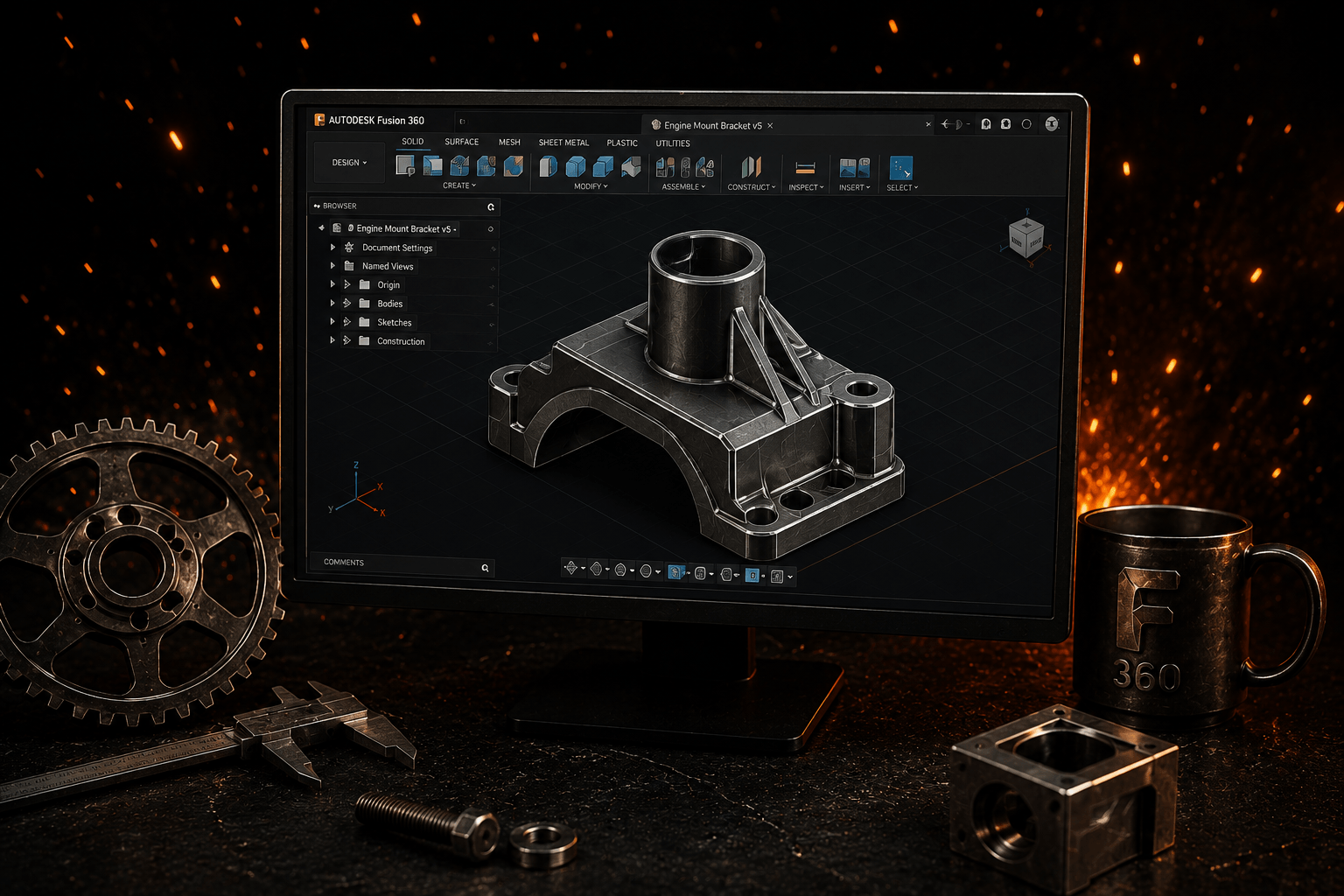 Fusion 360 CAD model of an engine mount bracket