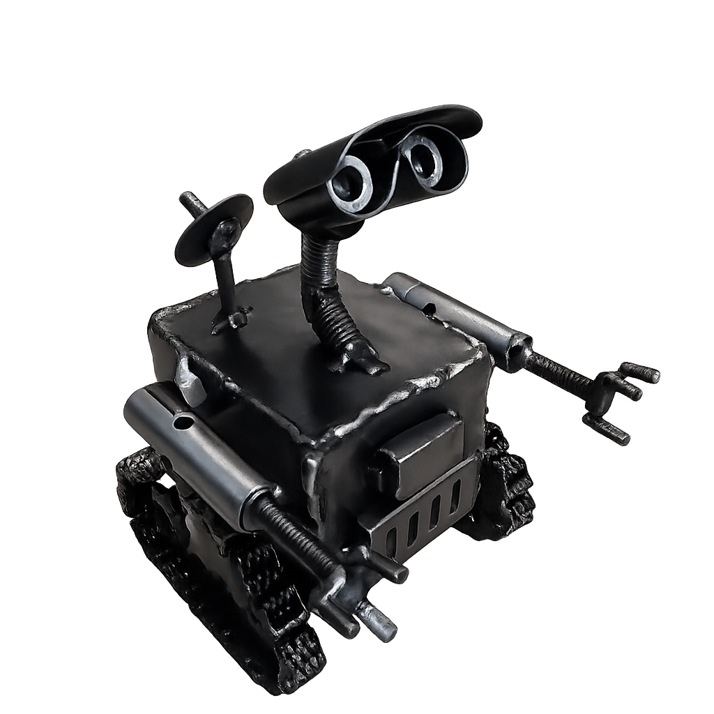 Boxy tracked robot sculpture with a jointed periscope-style head