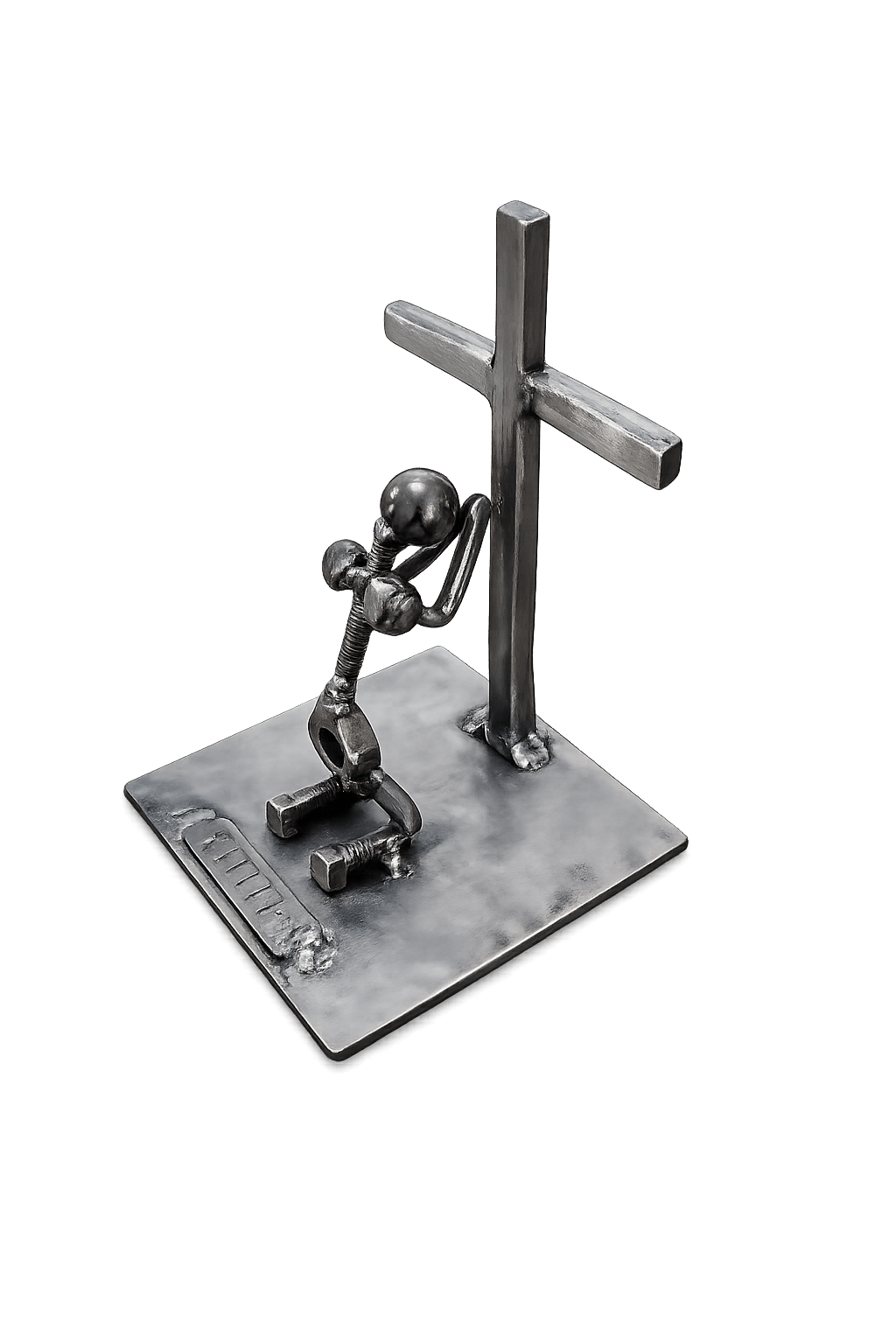 Kneeling nut-and-bolt figure bowed before a welded steel cross