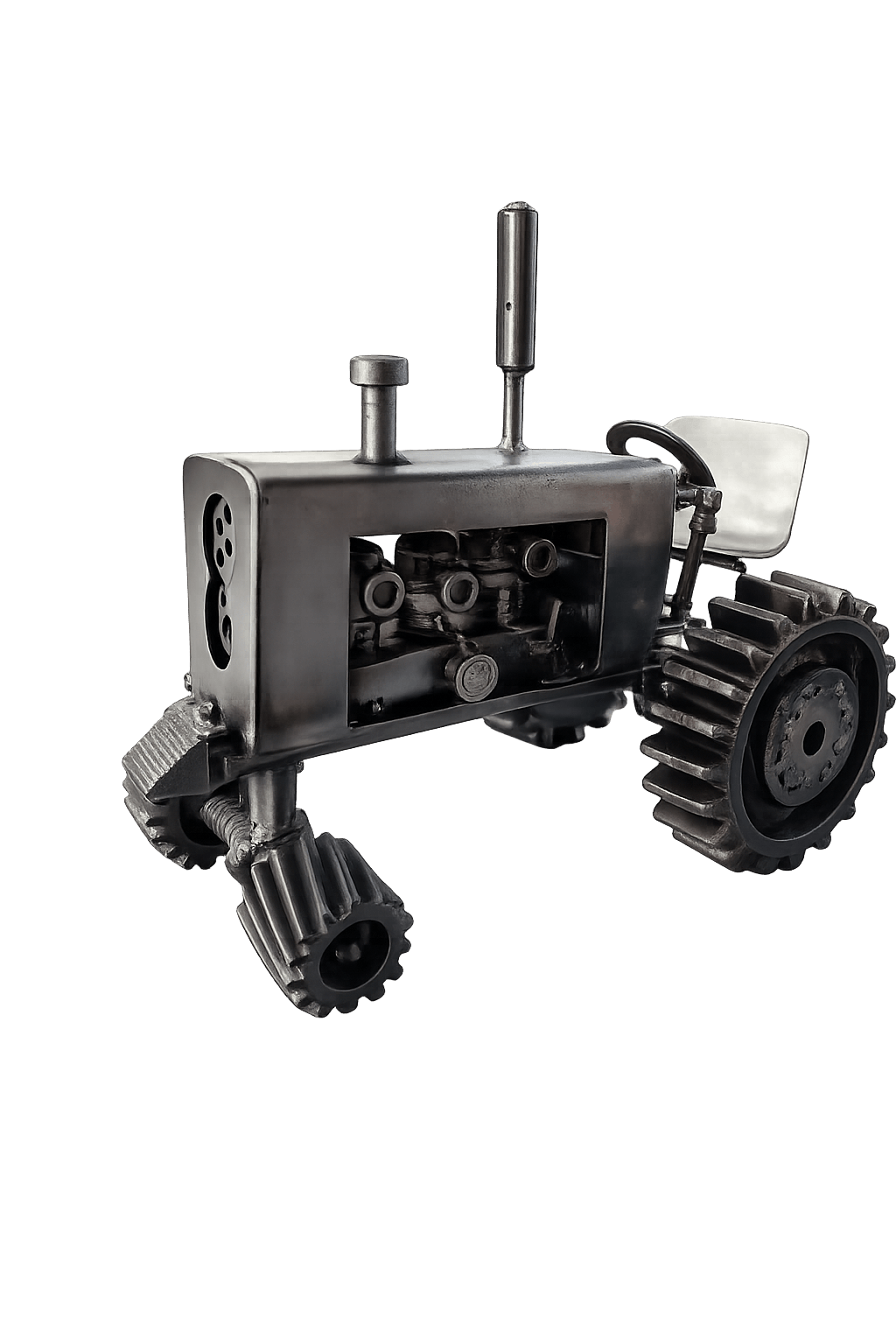 Sculpture of a classic tractor built from gears, bolts and rod stock