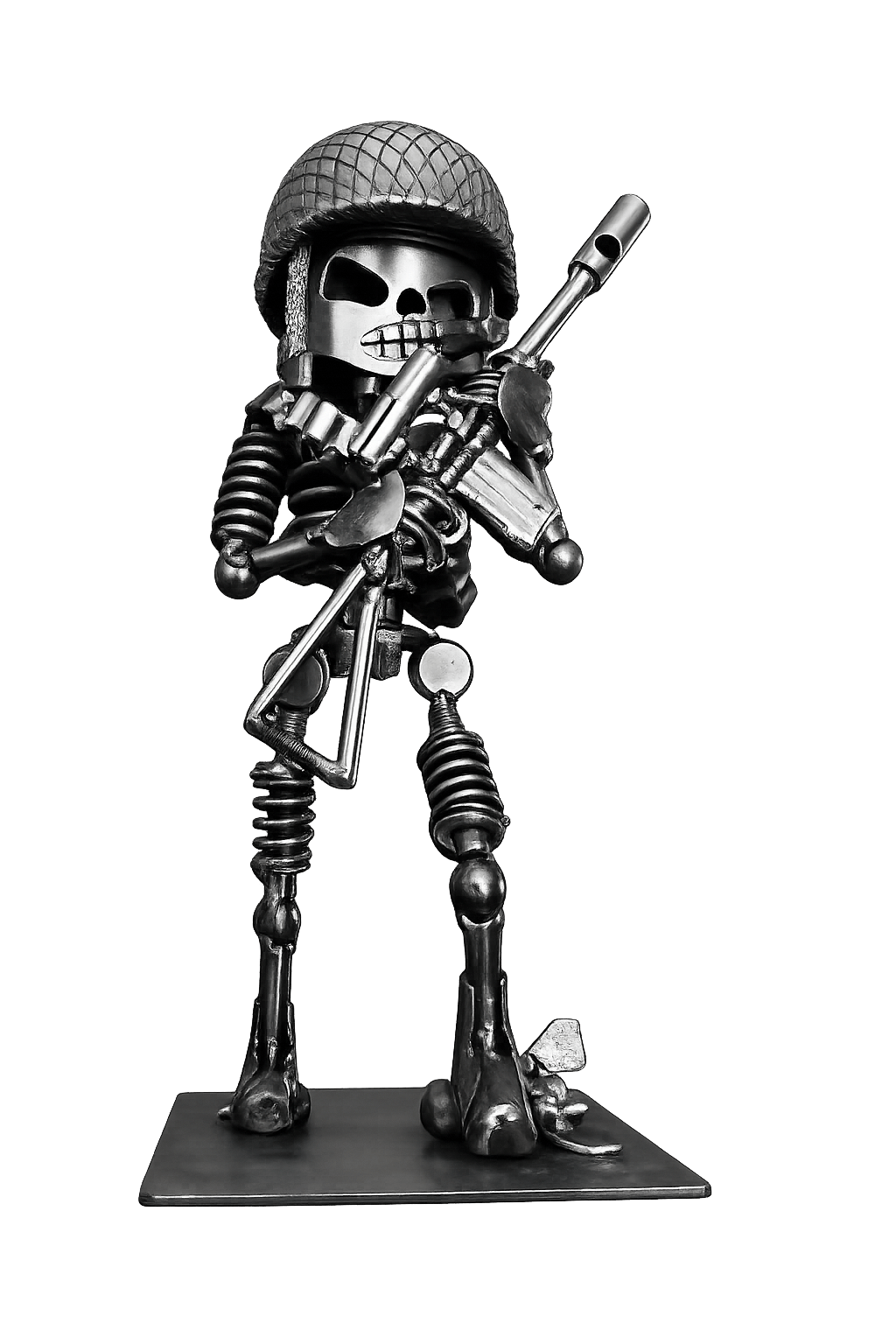 Helmeted skeleton soldier sculpture holding a welded rifle