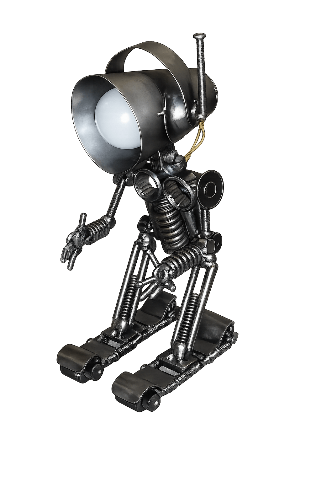 Small robot sculpture with a round headlamp head, walking on tank-tread feet