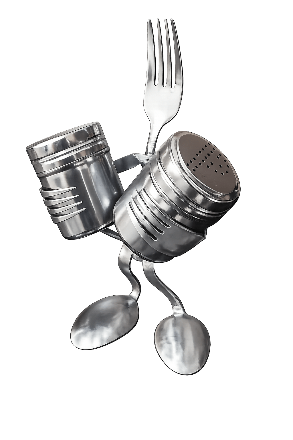 Whimsical character made from a fork, spoons and salt and pepper shaker tins
