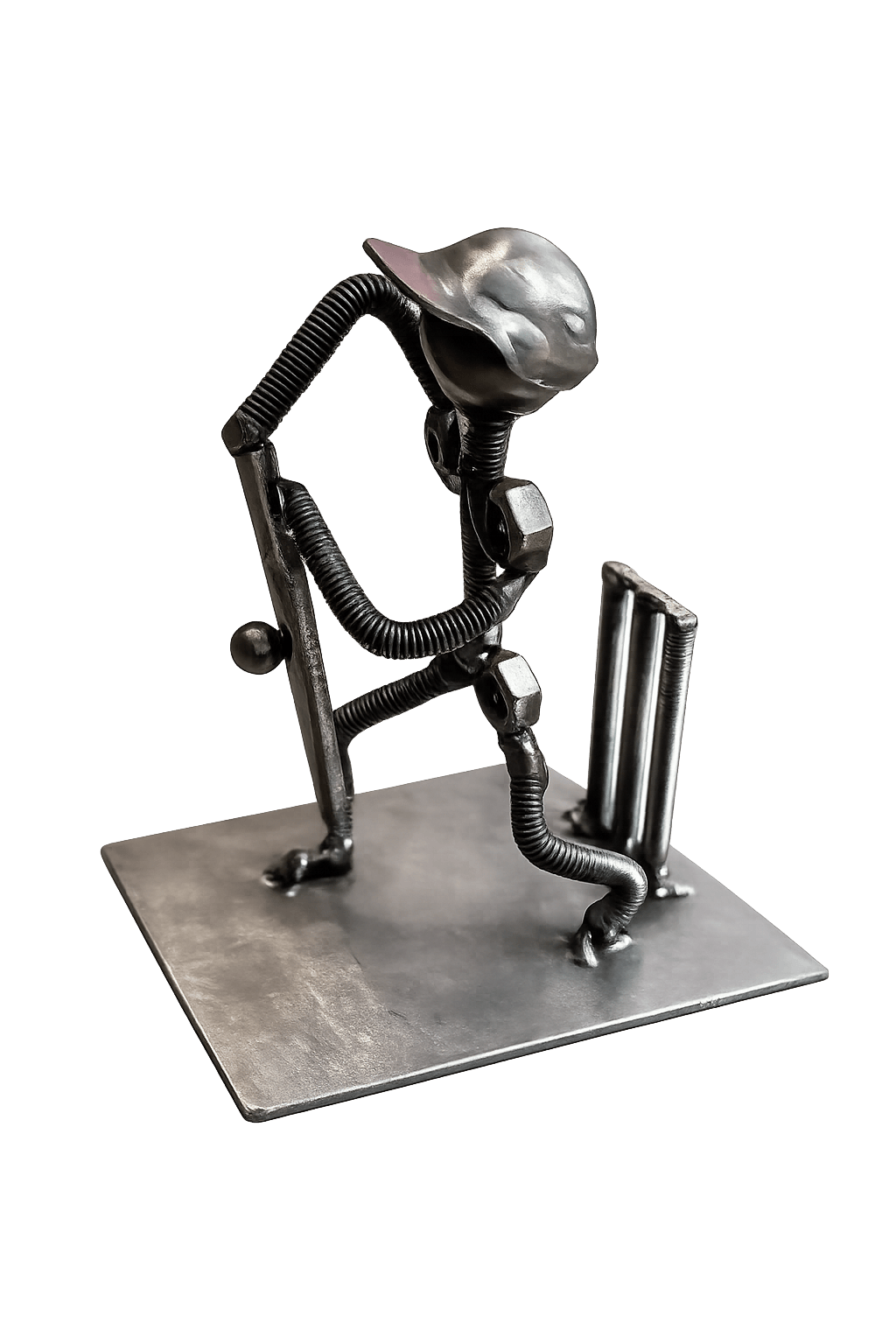 Sculpture of a cricket batsman made from nuts, bolts and rod, with stumps behind
