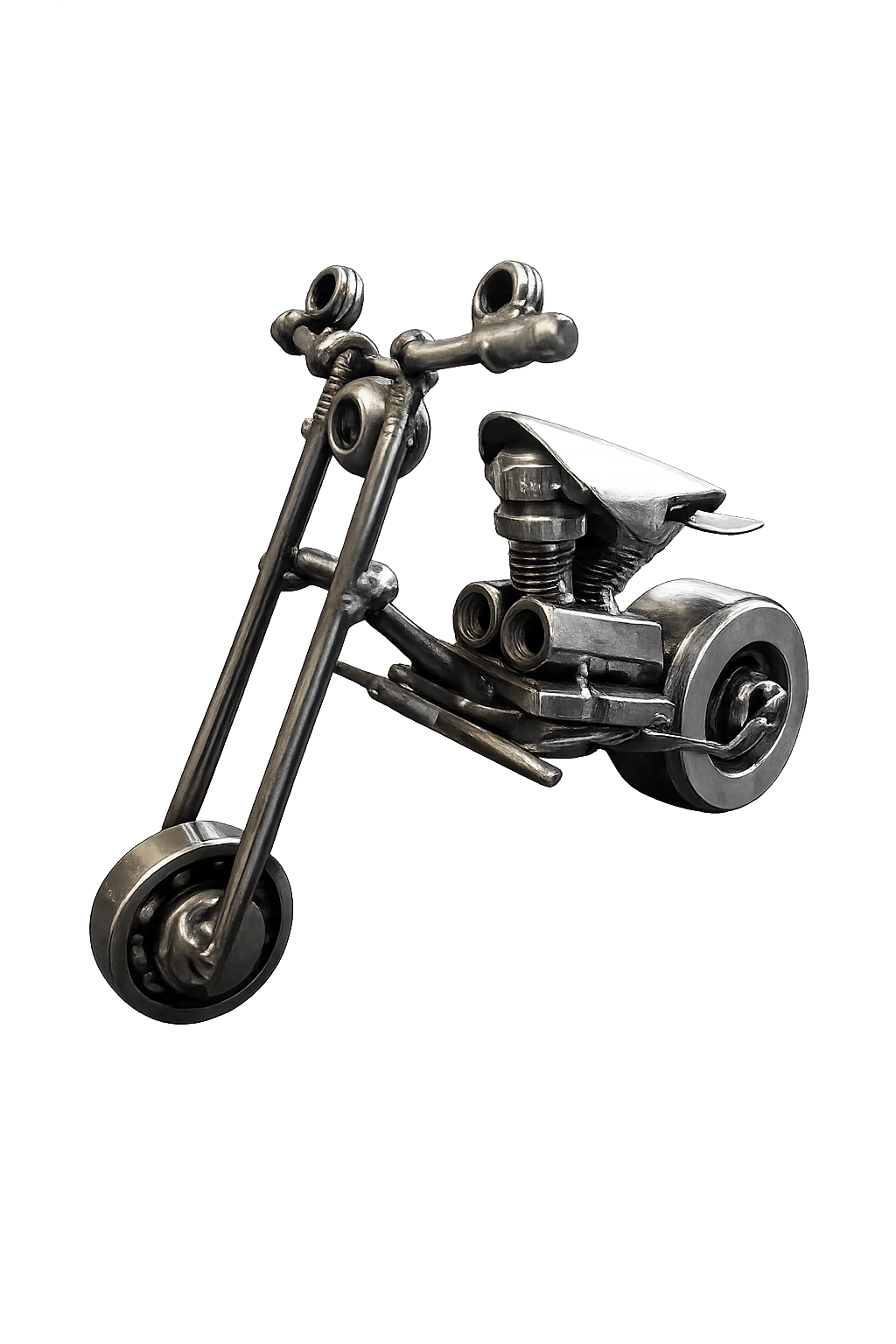 Miniature chopper-style motorcycle sculpture built from bolts and ball bearings