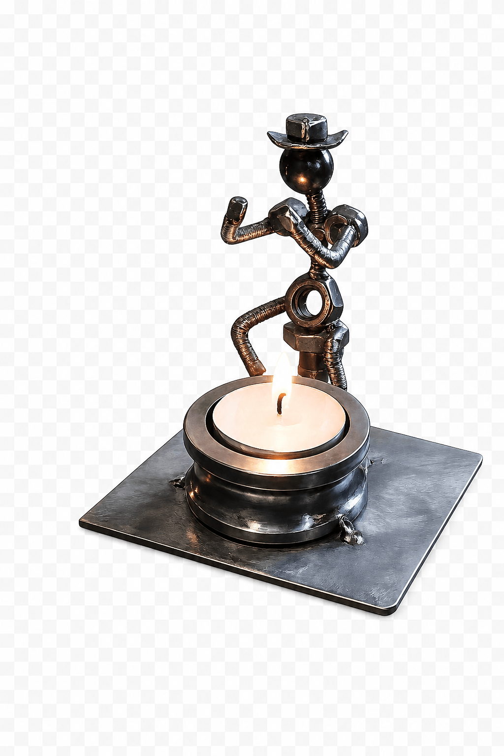 Cowboy figure made from nuts and bolts standing over a tealight candle holder